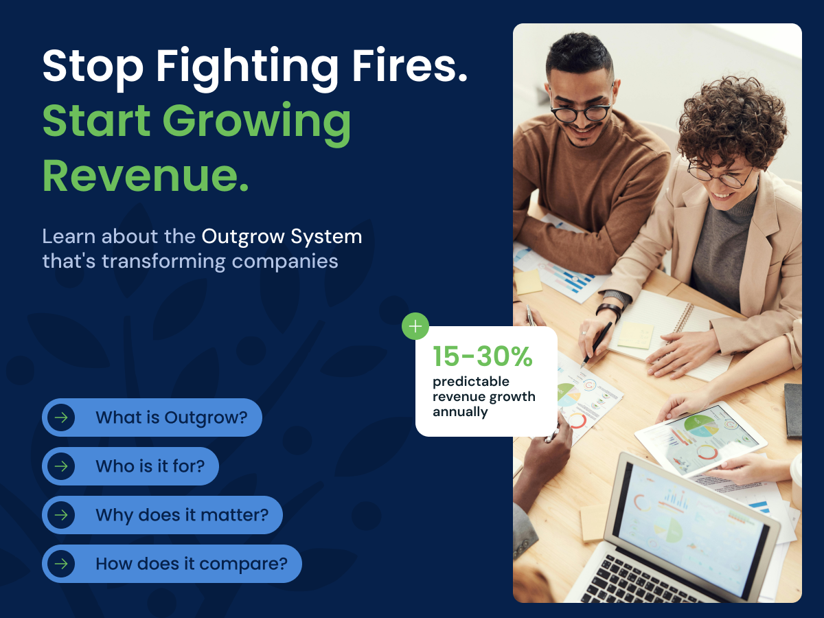 Professional business team reviewing proactive planners and data, alongside bold text promoting the Outgrow Revenue Growth System and 15–30% predictable annual growth Outgrow has created for over 400 clients